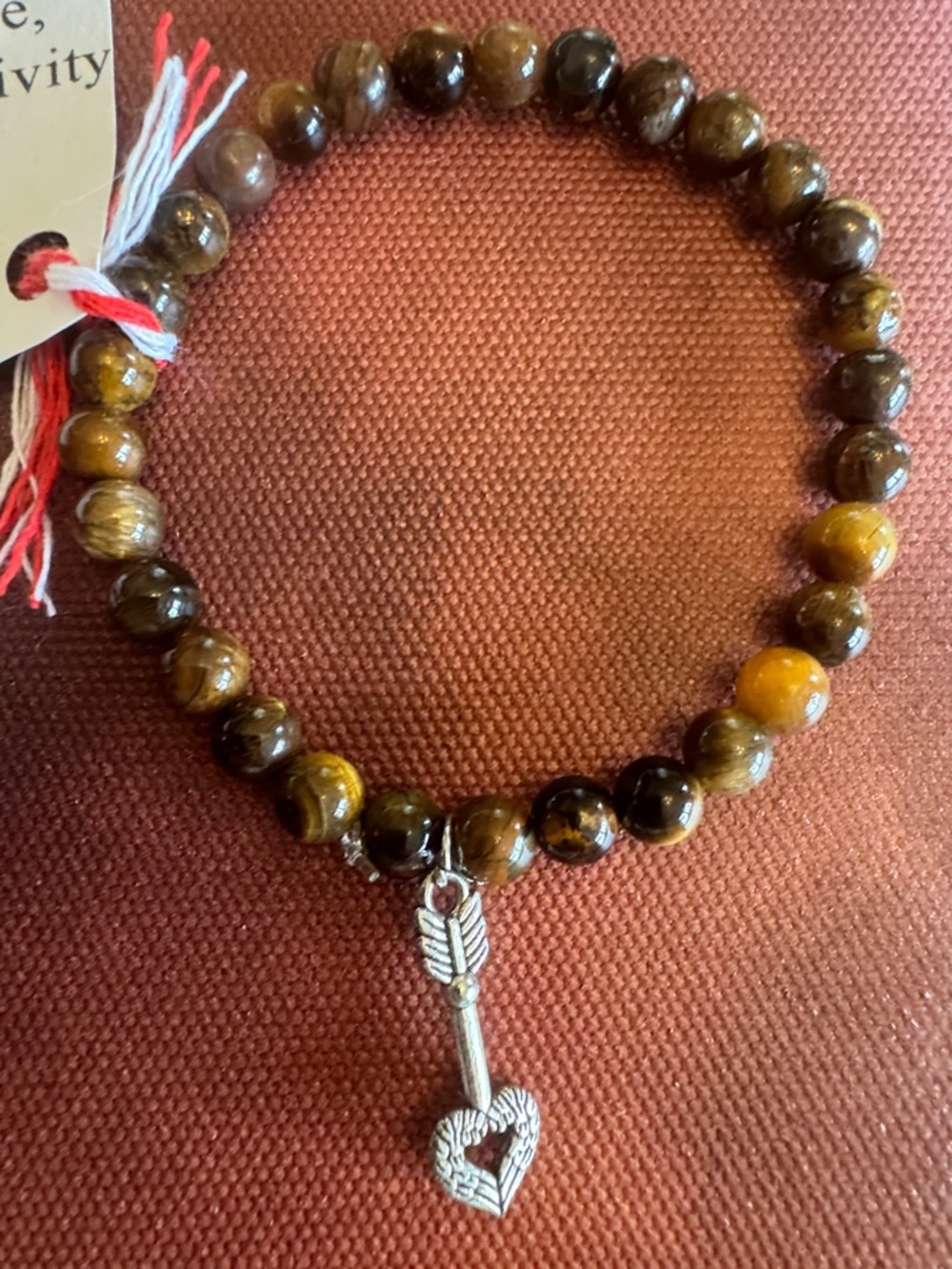 Beaded Tiger's Eye Bracelet with Arrow Heart Charm - Brown